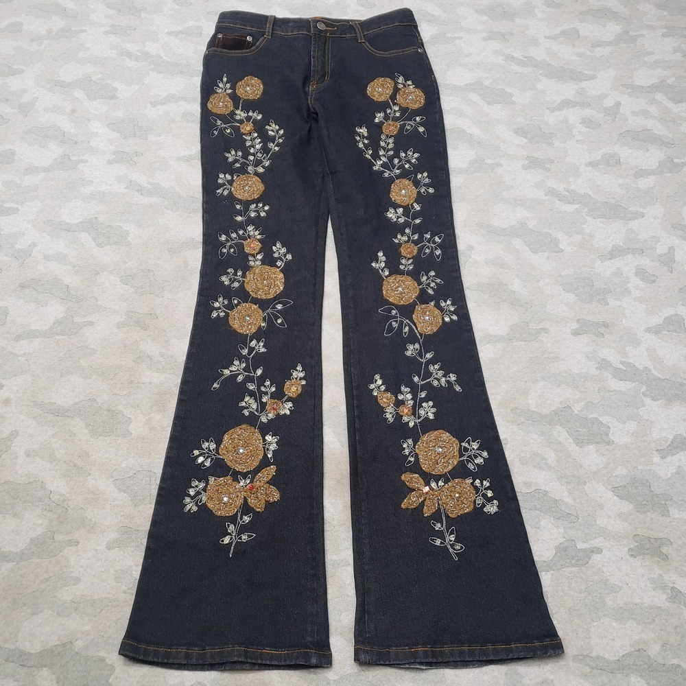 Azi Jeans Flare Jeans Womens 28 Blue Boho Y2k Embroidered Denim Floral Stretch
